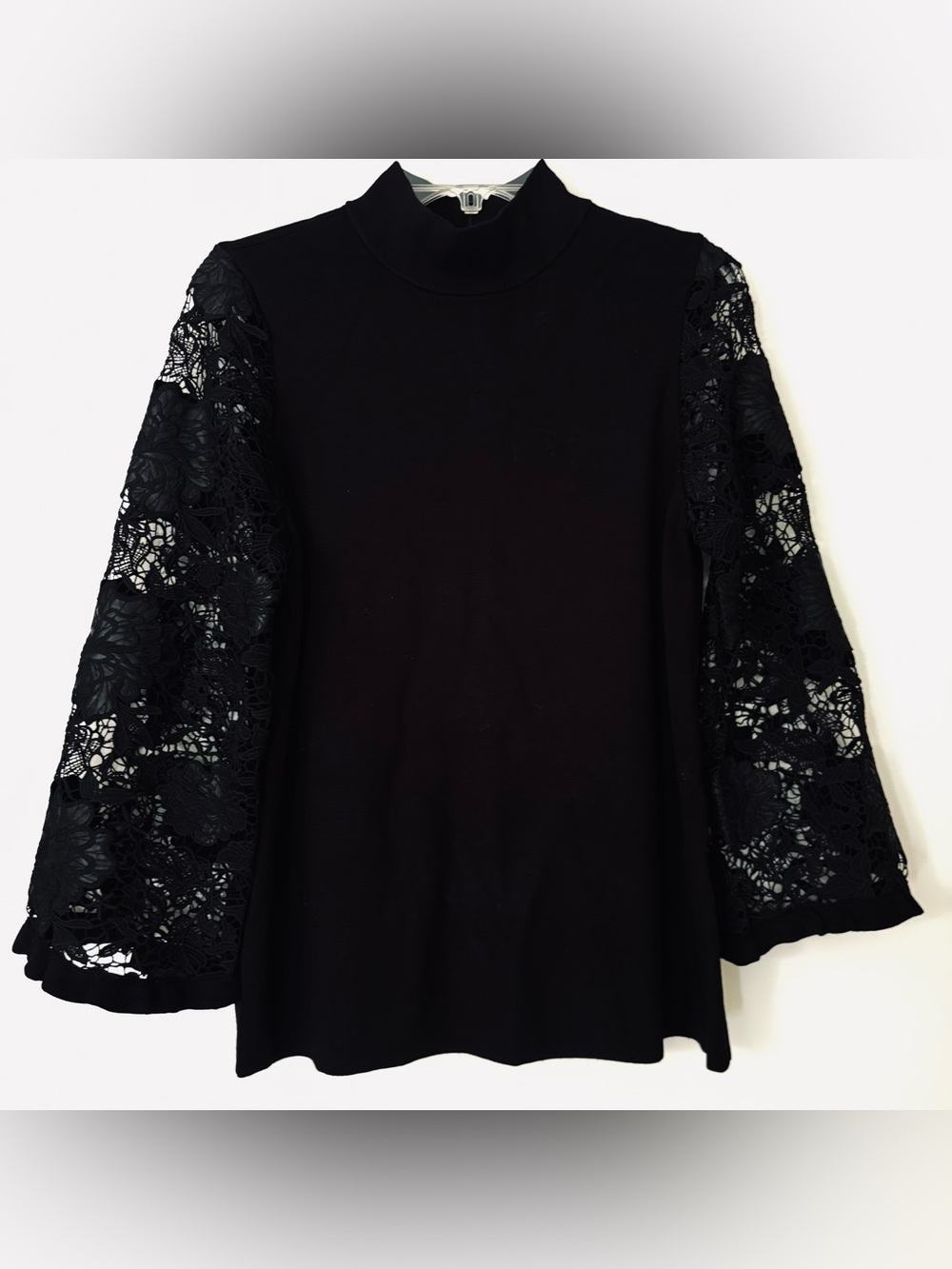 Chico's Black Mock Neck Top with Lace Bell Sleeves